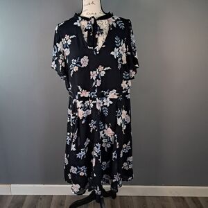 Torrid Fit & Flare Dress Womens Size 14 Black Floral Flutter Sleeve Back Zipper